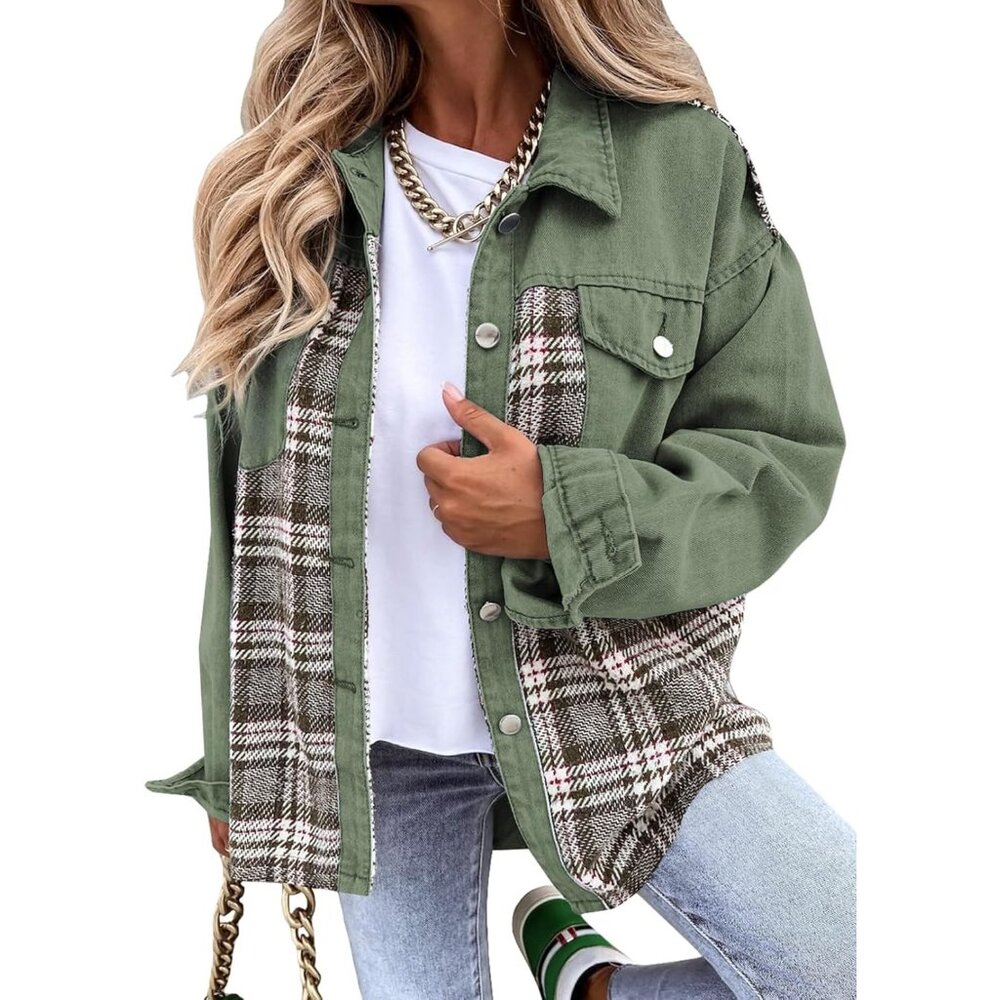 Women's Oversized Plaid Denim Jacket Cotton Casual Long Sleeve Button Up